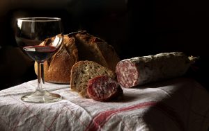 bread, wine, and cured meat