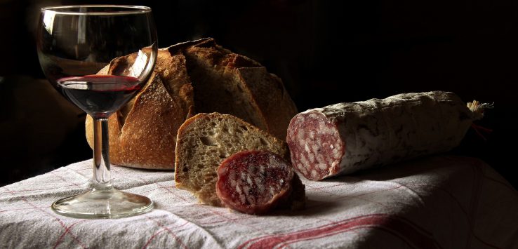 bread, wine, and cured meat